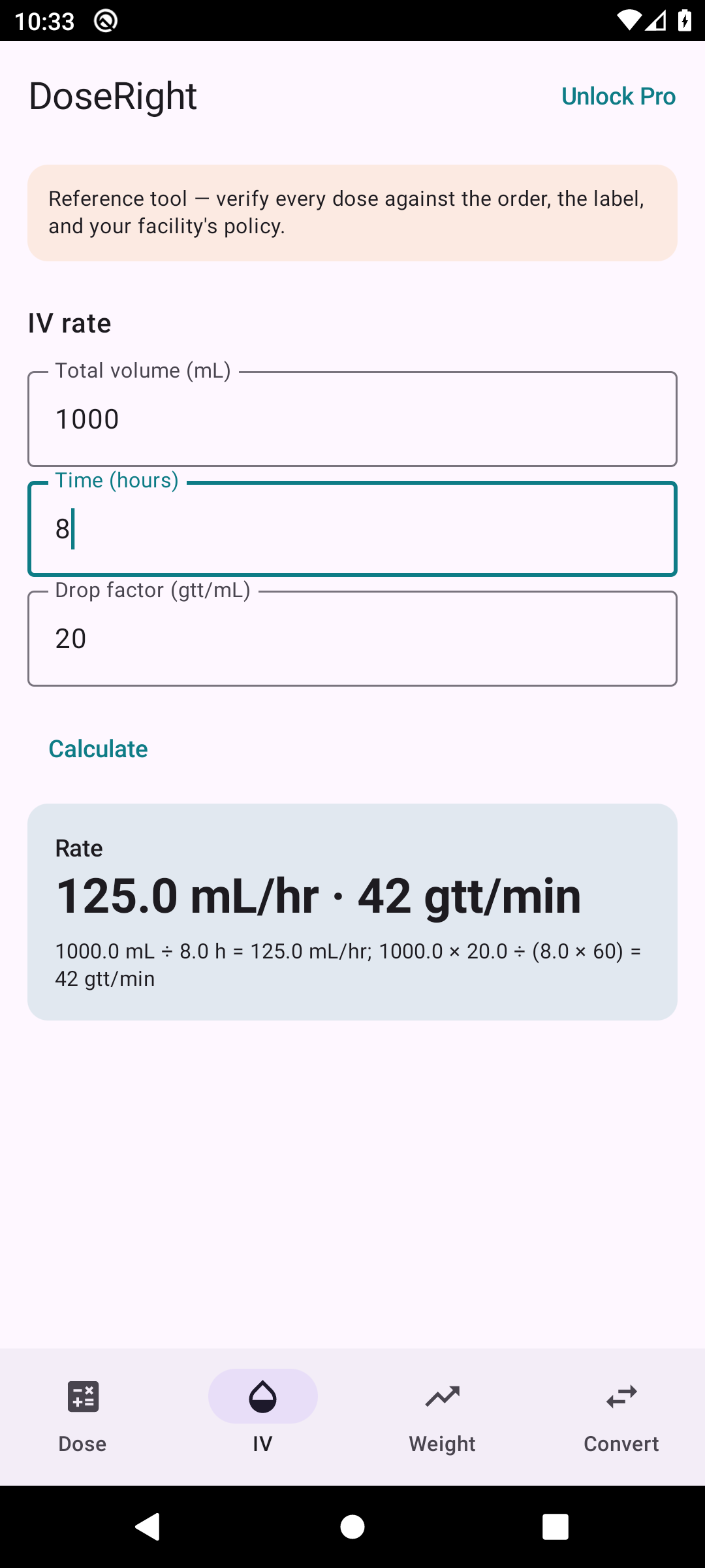 DoseRight IV rate result with the formula shown