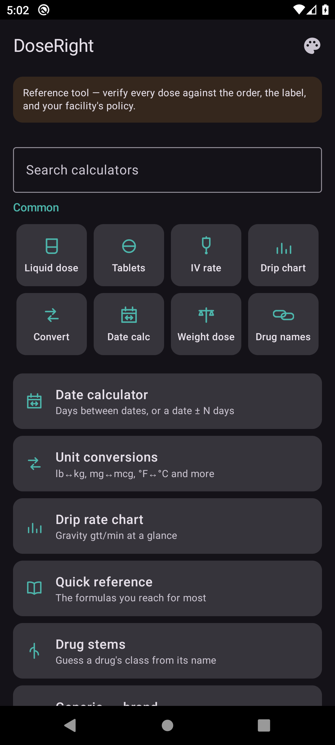 DoseRight home screen with quick-access tiles
