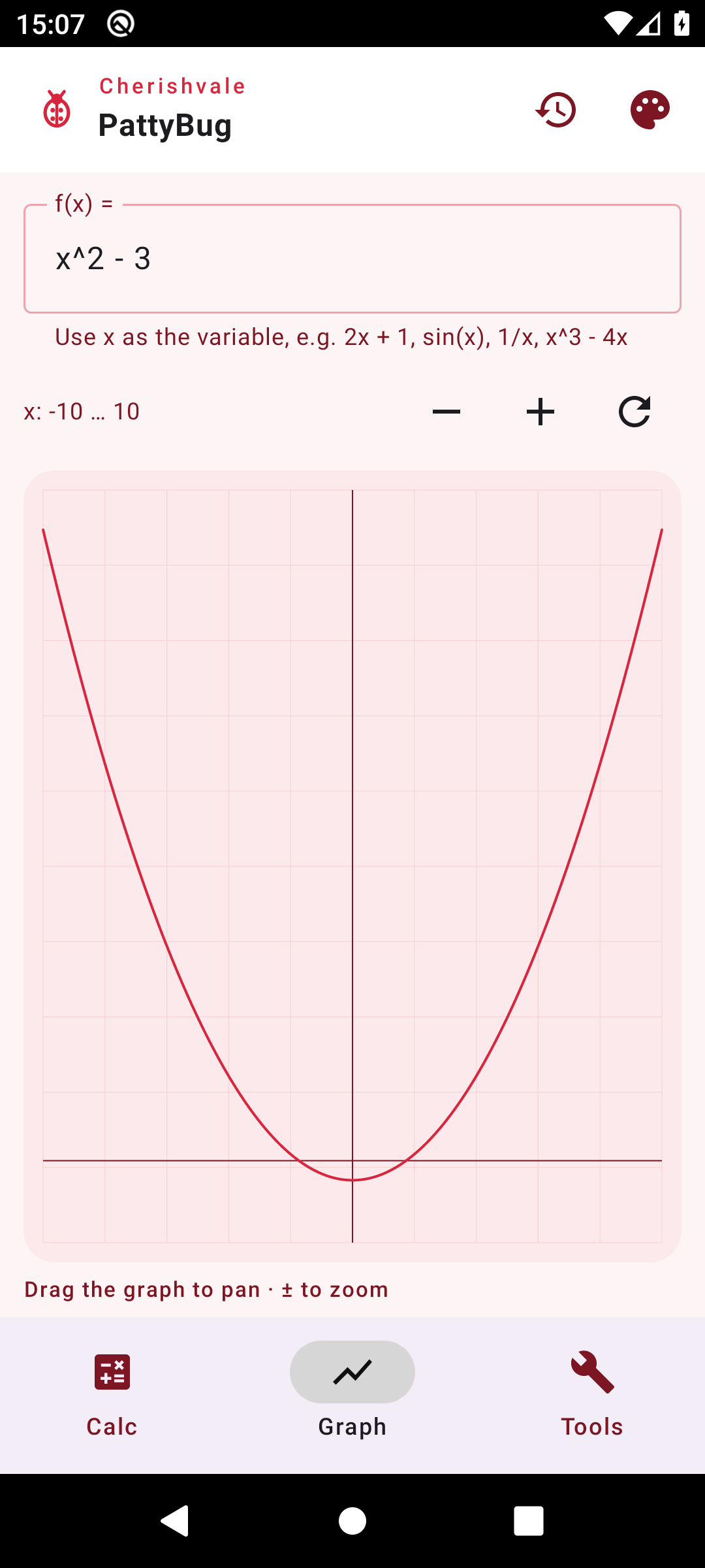 PattyBug graphing y = x^2 - 3