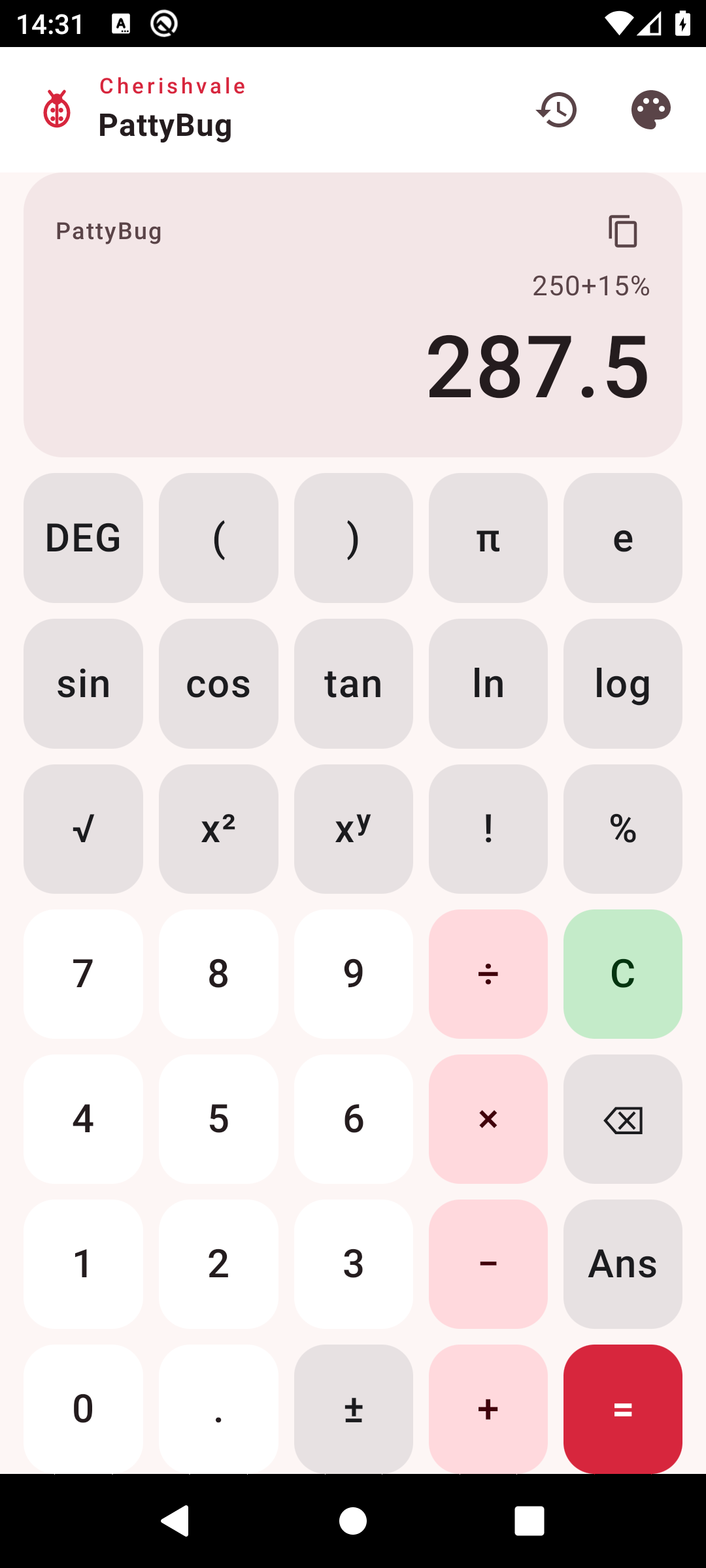 PattyBug calculator showing 250+15% = 287.5