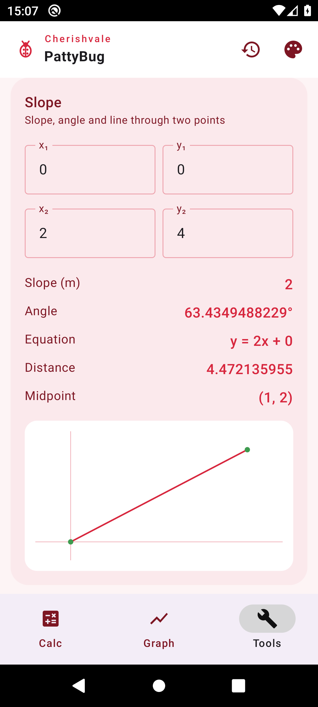 PattyBug slope tool with the line drawn from two points