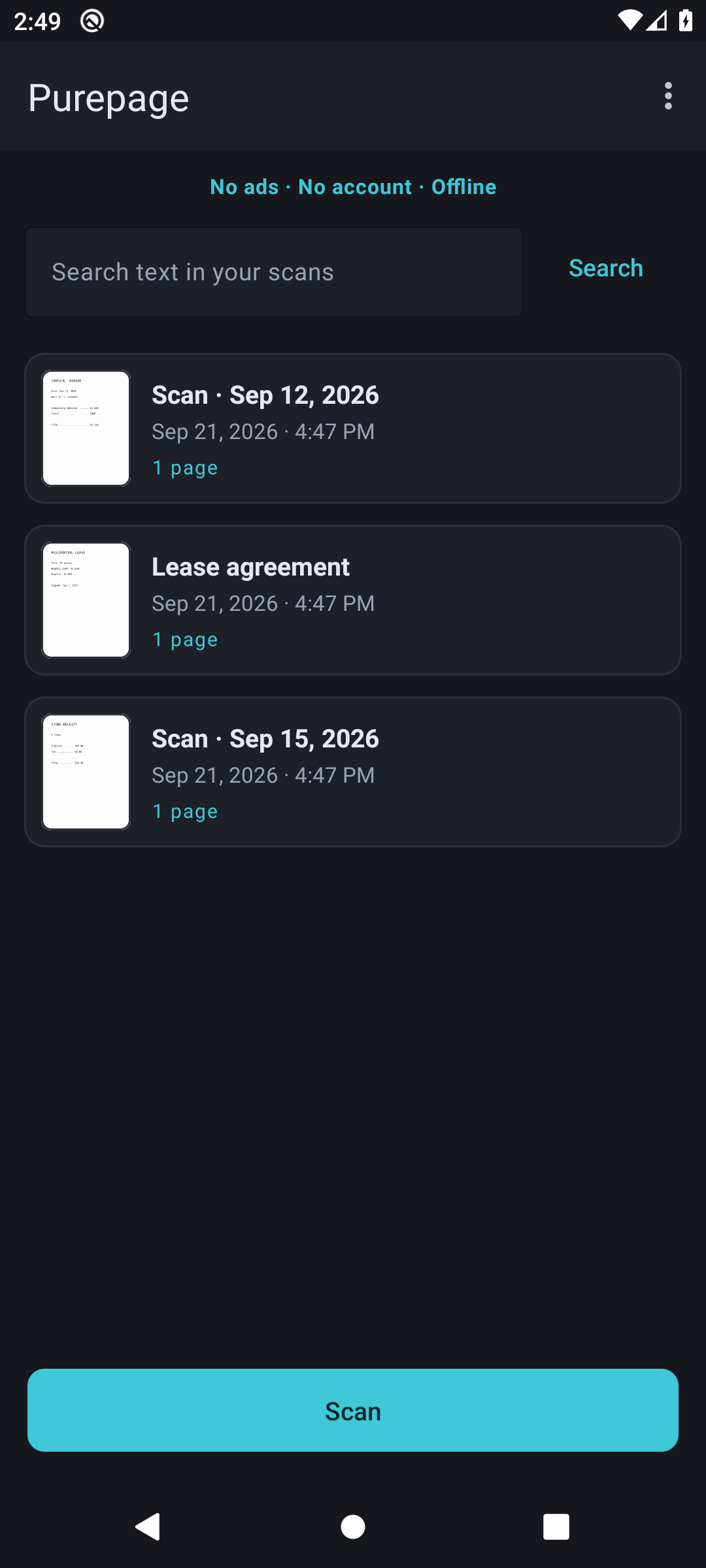 Purepage scan library — no ads