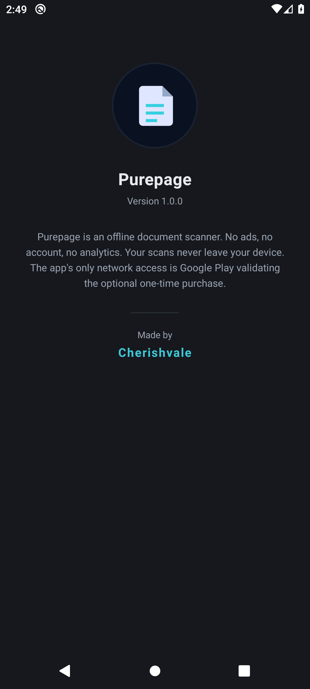 Purepage about screen — works offline