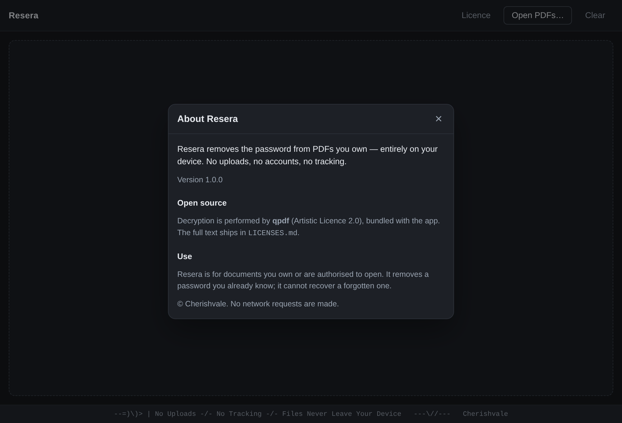About Resera — qpdf is linked in, no network requests are made