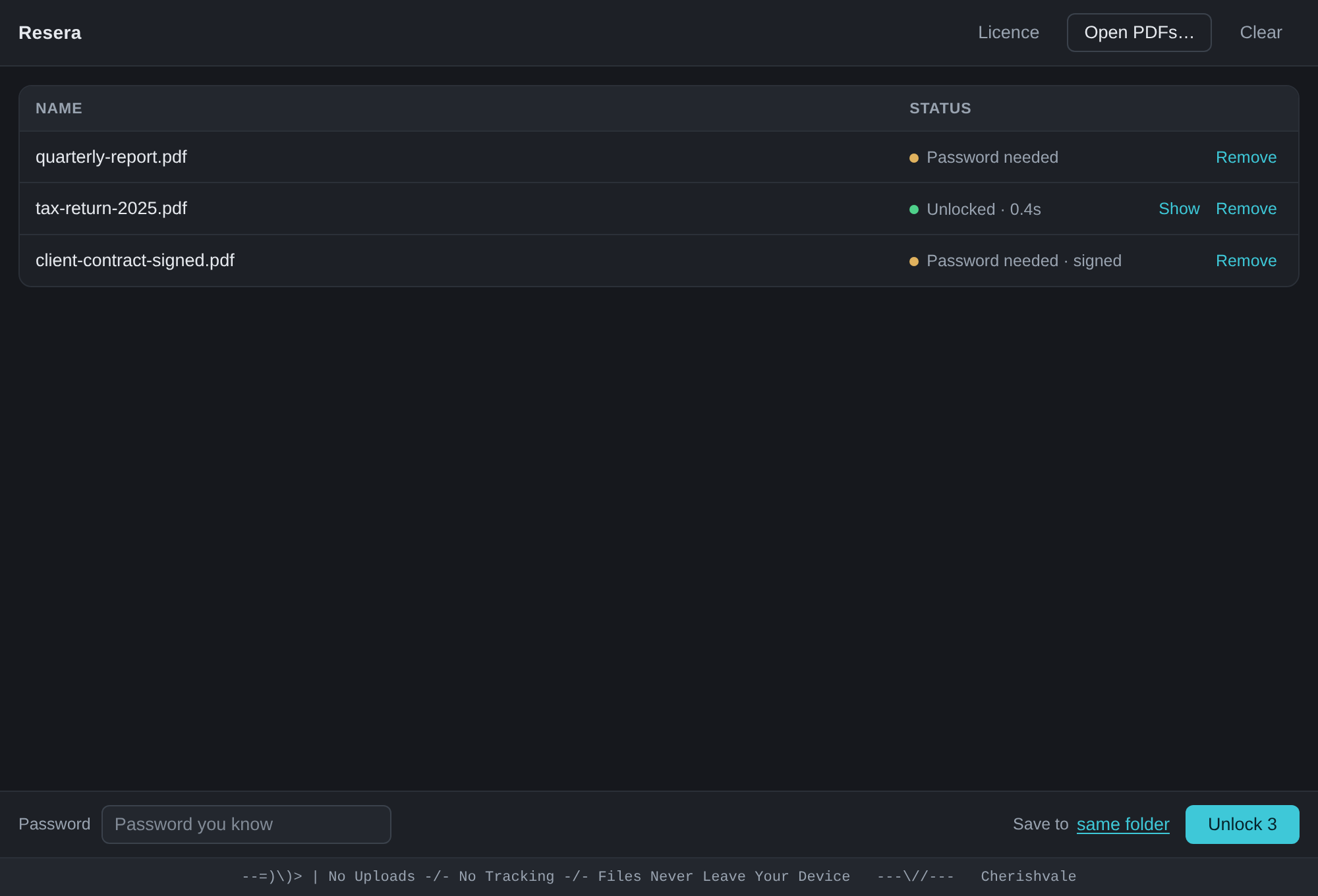 Resera: drop in locked PDFs, type the password you know, and save an unlocked copy — all locally