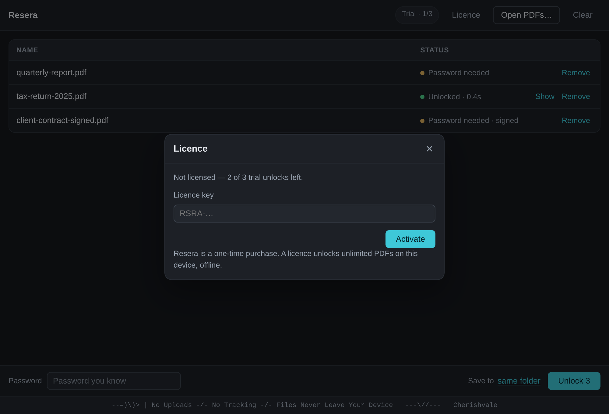 Resera licence — a one-time purchase, activated offline with a key