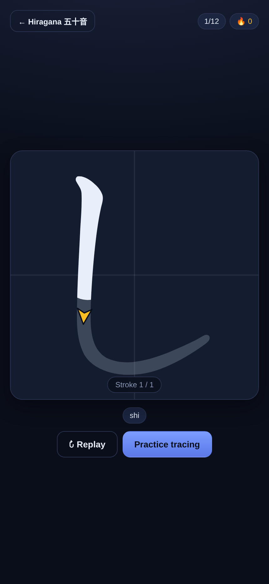 Stroke-order animation of し with a direction arrow
