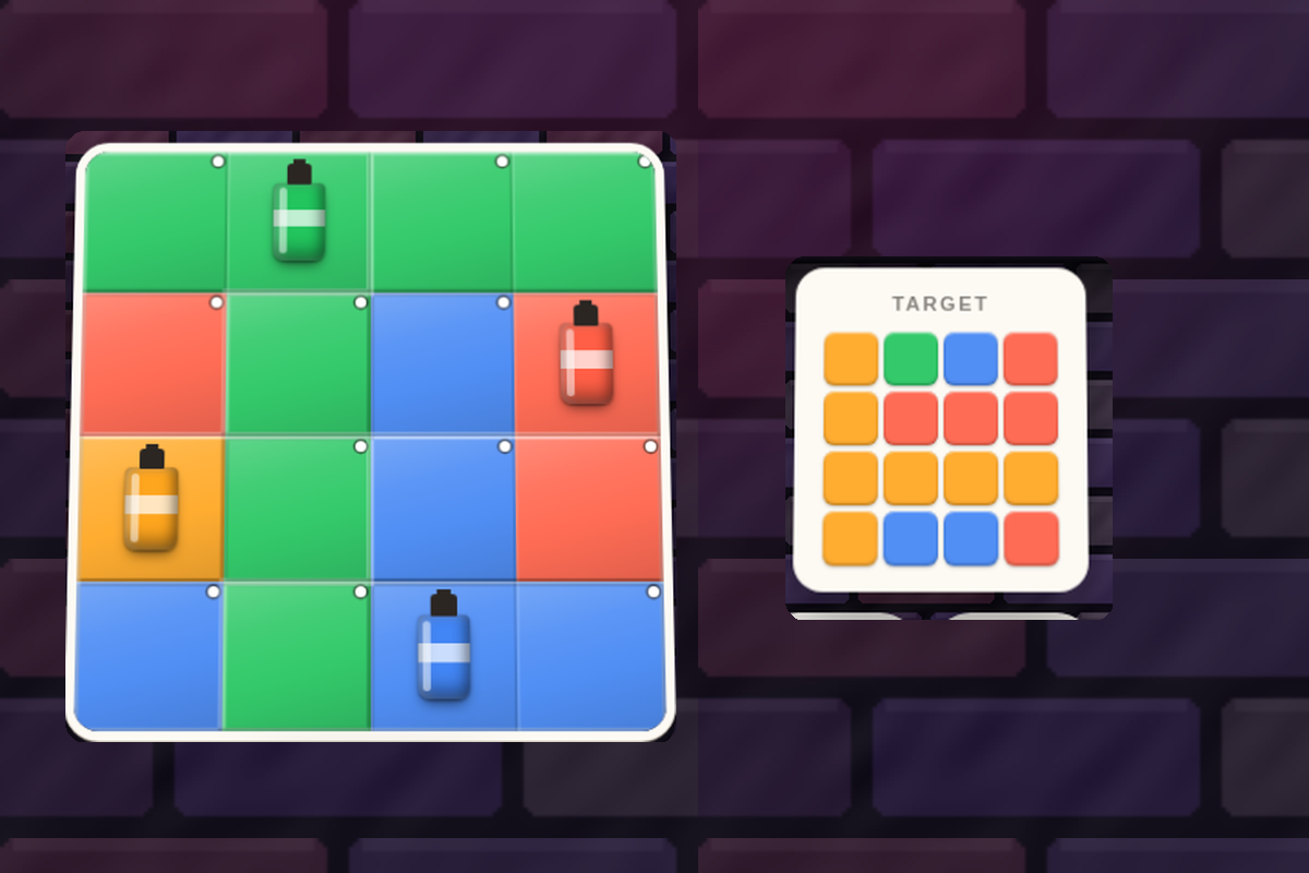 The Buff board — four spray cans placed across a painted grid, with the target piece beside it