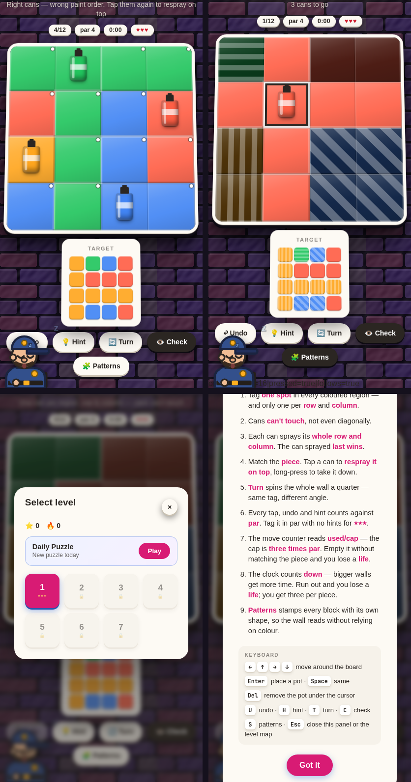 Four screens from The Buff — mid-game board, pattern mode, the level map, and the rules panel